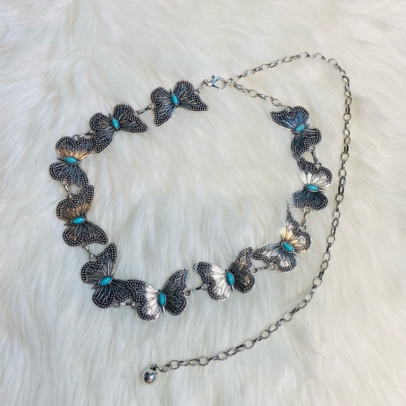 Womens Butterfly Waist Belt Metal Chain Body Jewelry Accessory Silver Turquoise - Picture 1 of 3